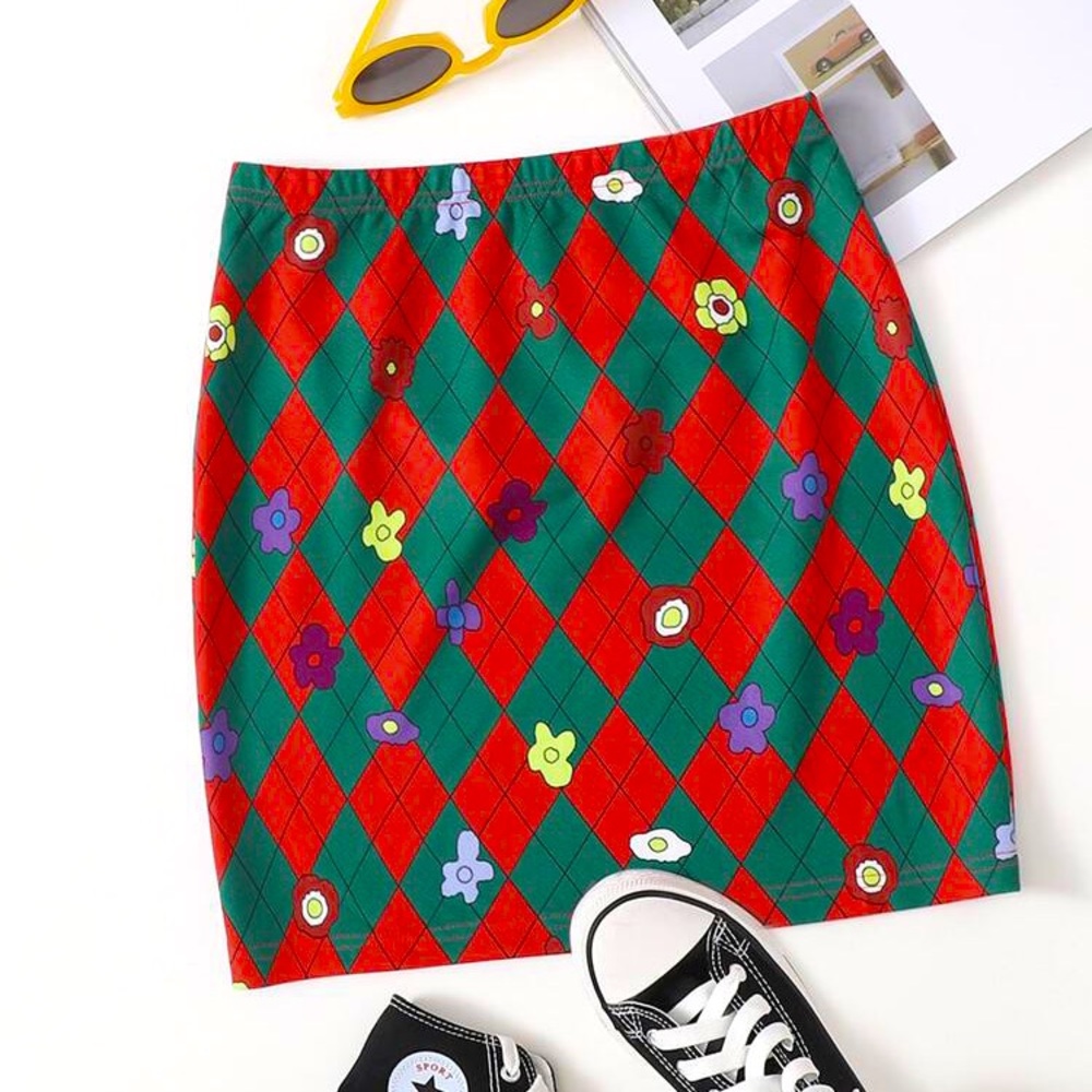 Eggs and flowers random Plaid Retro mini skirt NWT